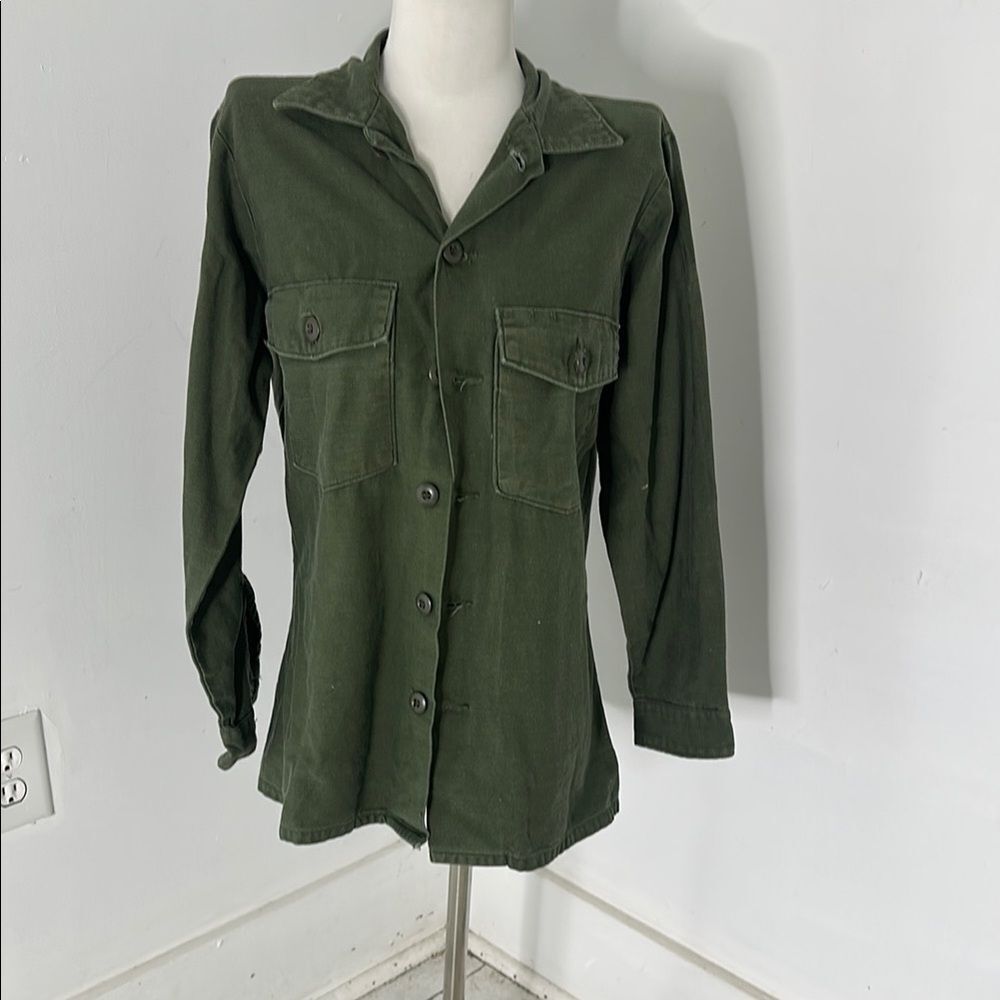 Vintage Green Cotton Sateen Military Shacket Shirt Jacket 38 Bust